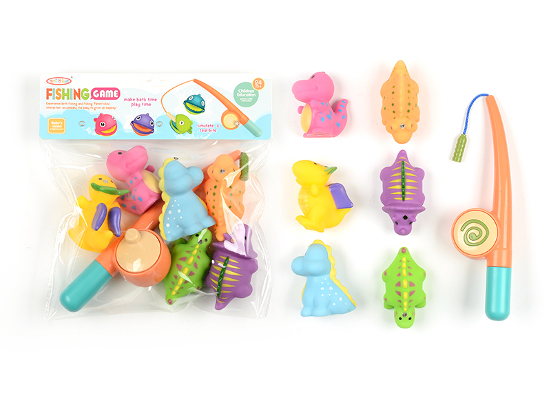 Bathroom Fishing Toys 6 Vinyl Dinosaurs + Fishing Pole