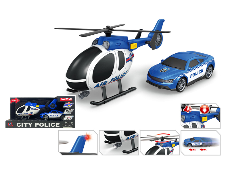 Police Set：Helicopter+Friction Sports Car With Sound And Light