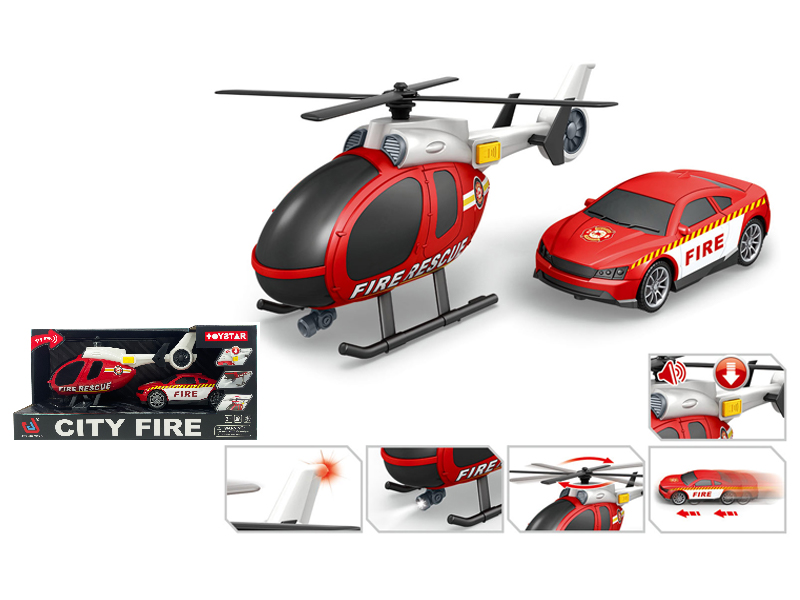 Fire Fighting Set：Helicopter+Friction Sports Car With Sound And Light