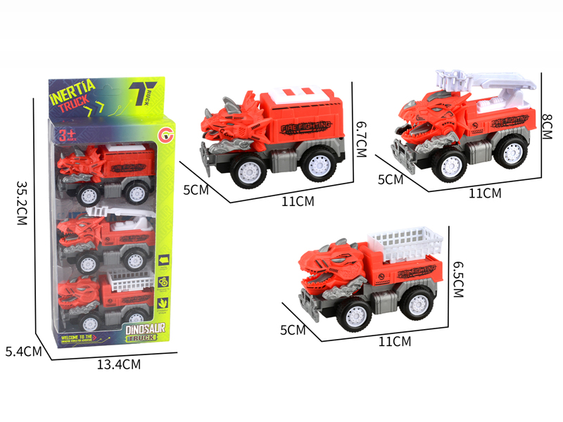 Small Medium Friction Dinosaur Fire Engine 3PCS