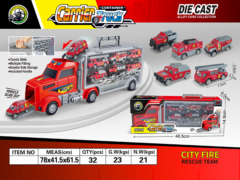 Alloy Fire Engines Double Side Storage Container Carrier Truck