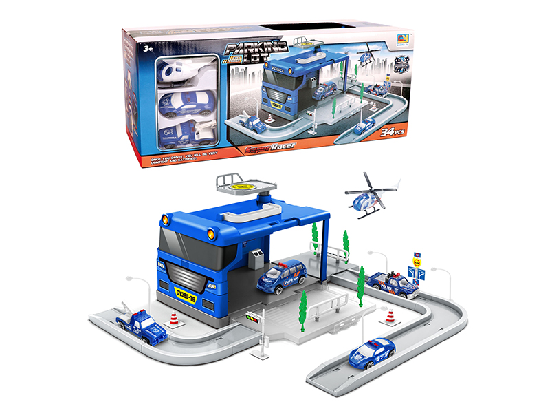Police Storage Parking Lot(With 2 Plastic Cars,1 Helicopter)