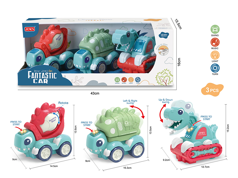 B/O Dinosaur Engineering Trucks With Sound And Lights 3pcs