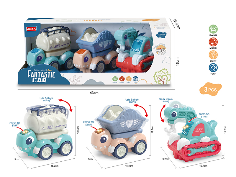 B/O Dinosaur Engineering Trucks With Sound And Lights 3pcs