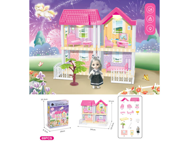 DIY Villa Toy With 6-Inch Doll With Dual Light 69PCS