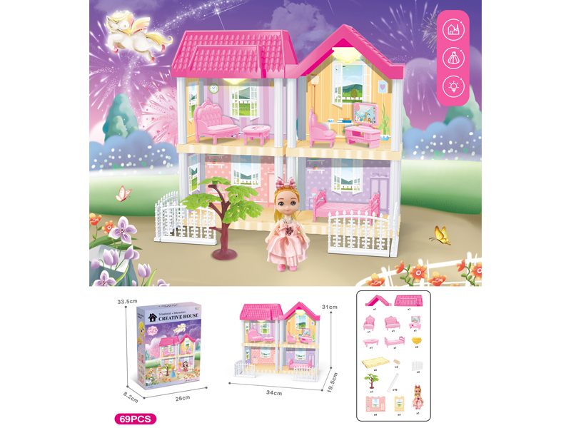 DIY Villa Toy With 4-Inch Doll With Dual Light 69PCS