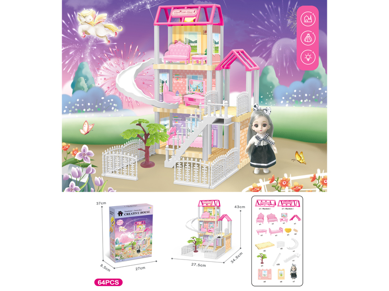 DIY Villa Toy With 6-Inch Doll With Light 64PCS