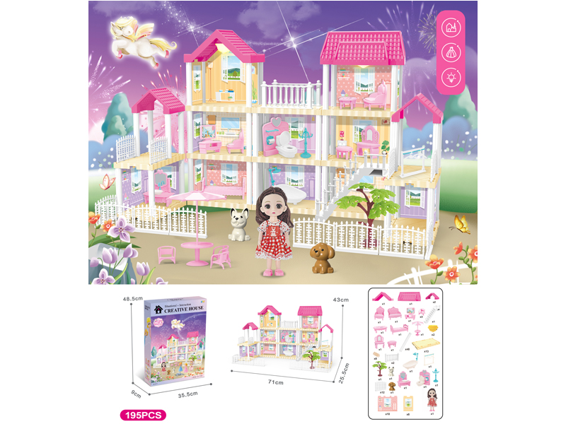 DIY Villa Toy With 6-Inch Doll With Dual Light 195PCS