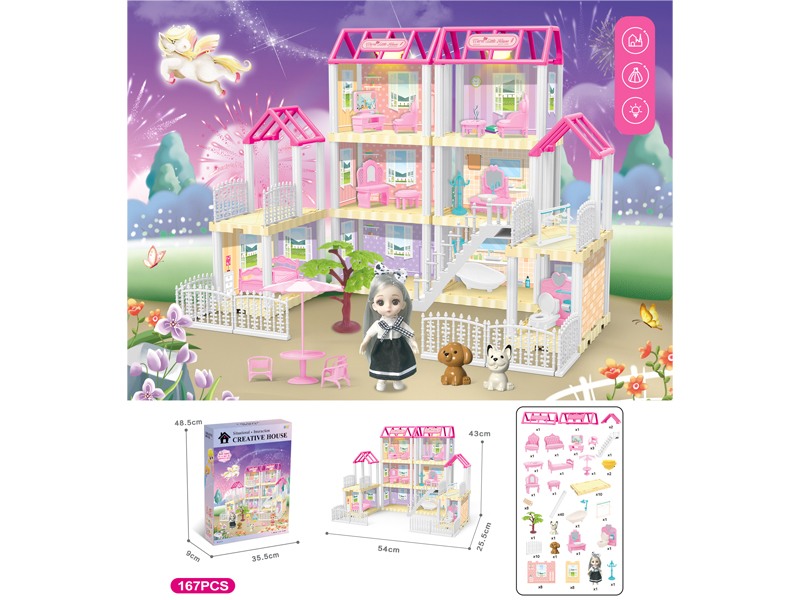 DIY Villa Toy With 6-Inch Doll With Dual Light 167PCS