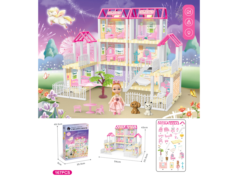 DIY Villa Toy With 4-Inch Doll With Dual Light 167PCS