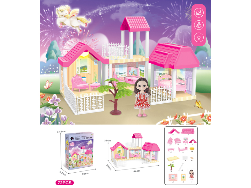 DIY Villa Toy With 6-Inch Doll With Dual Light 72PCS