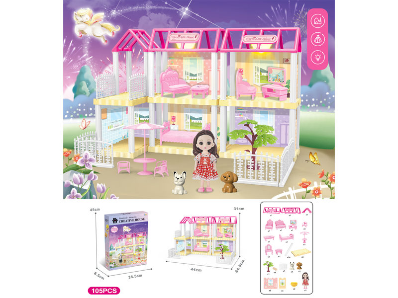 DIY Villa Toy With 6-Inch Doll With Dual Light105PCS
