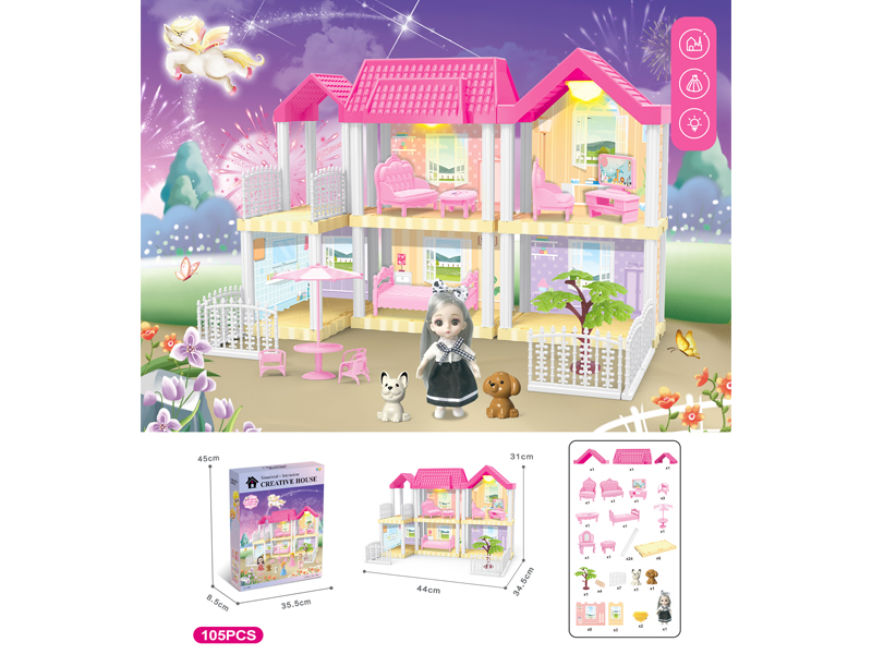 DIY Villa Toy With 6-Inch Doll With Dual Light 105PCS