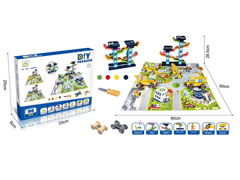 DIY Assembly Engineering Trucks Scene Play Mat Set + Glider Car Track Set