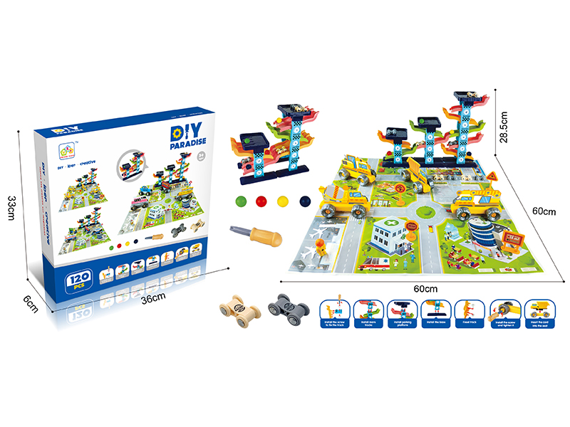 DIY Assembly Engineering Trucks Scene Play Mat Set + Glider Car Track Set