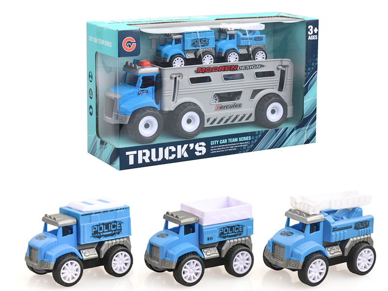 Friction Police Transport Car + 3 Pull Back Cars