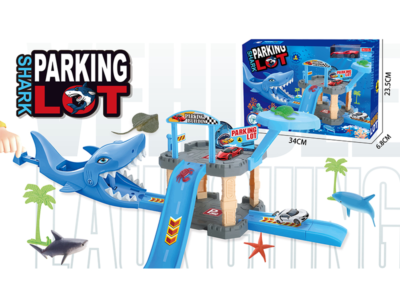 27PCS Ejection Shark Track Parking Lot+1PCS Alloy Car+6PCS Marine Animal