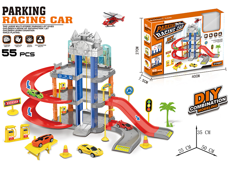 Track Parking Lot With 2 Slide Racing Cars, 1 Helicopter(55PCS)