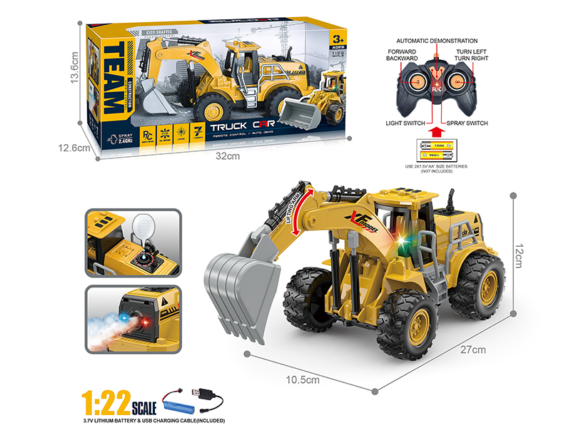 2.4G 1:22 7-Channel Remote Control Excavator With Spray, Lights, One Key To Demo
