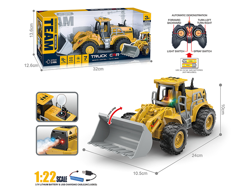2.4G 1:22 7-Channel Remote Control Bulldozer With Spray, Lights, One Key To Demo
