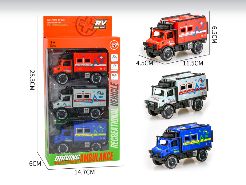 Friction Single Row Unimog Ambulance 3PCS