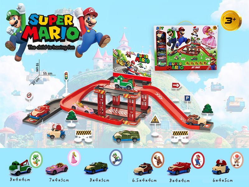 Super Mario Pull Back Car Single Layer Track Parking Lot Set