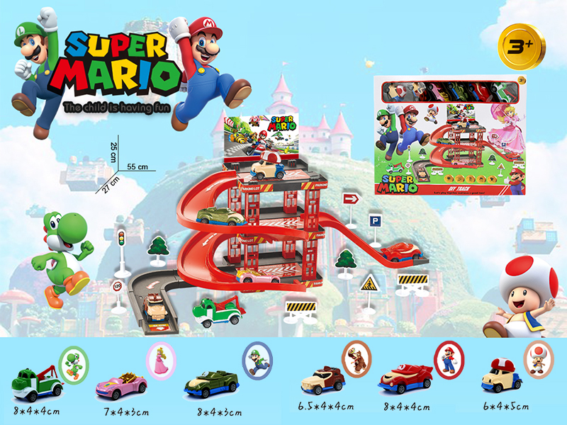 Super Mario Pull Back Car Double Decker Track Parking Lot Set
