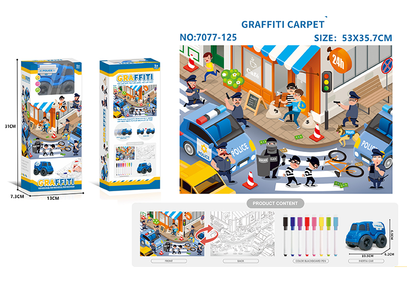 Graffiti Carpet(Police Theme) + 1 Car + 8 Colour Pens