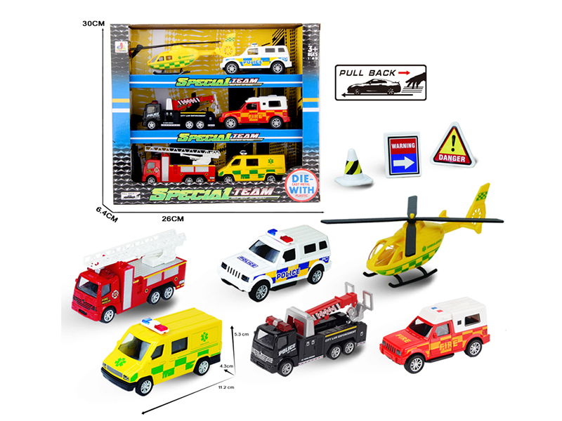 1:43 Pull Back Alloy Fire Engine Police Car Set