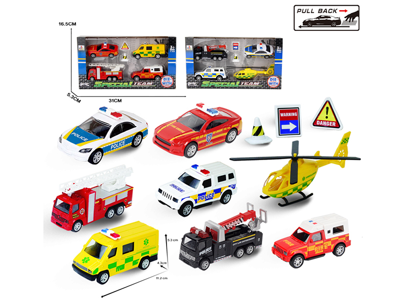 1:43 Pull Back Alloy Fire Engine Police Car Set