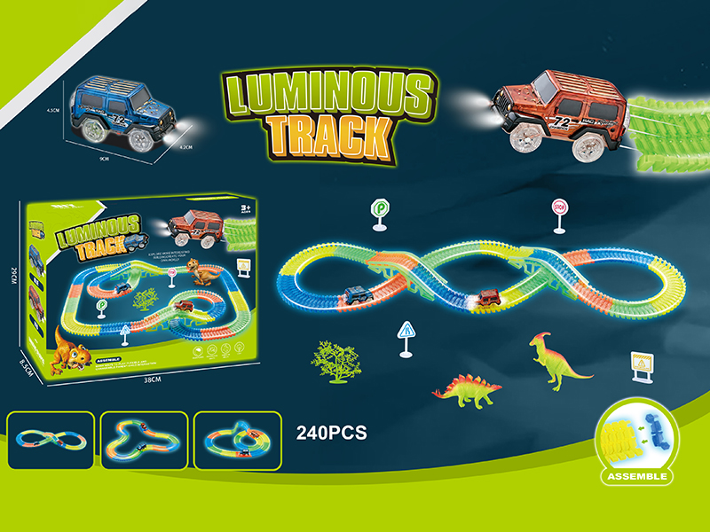 240pcs Glow In The Dark Dinosaur Track Car(2 Cars With Lights + 2 Bridge(8pcs) + 4 Guidepost + 1 Tree + 2 Dinosaurs)