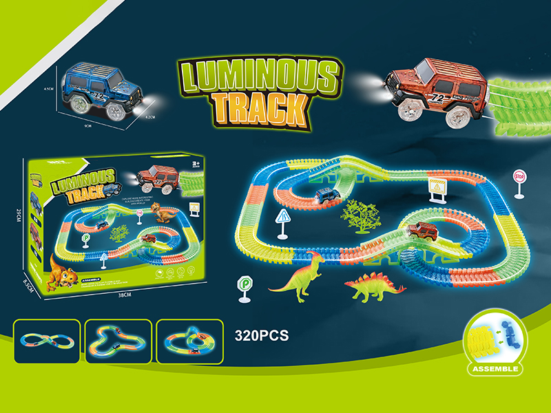320pcs Glow In The Dark Dinosaur Track Car(2 Cars With Lights + 2 Bridge(8pcs) + 4 Guidepost + 1 Tree + 2 Dinosaurs)