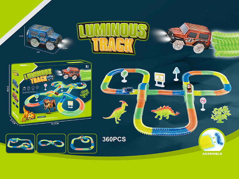 360pcs Glow In The Dark Dinosaur Track Car(2 Cars With Lights + 2 Bridge(8pcs) + 4 Guidepost + 1 Tree + 2 Dinosaurs)