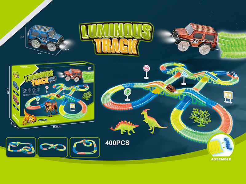 400pcs Glow In The Dark Dinosaur Track Car(2 Cars With Lights + 4 Bridge(16pcs) + 4 Guidepost + 1 Tree + 2 Dinosaurs)