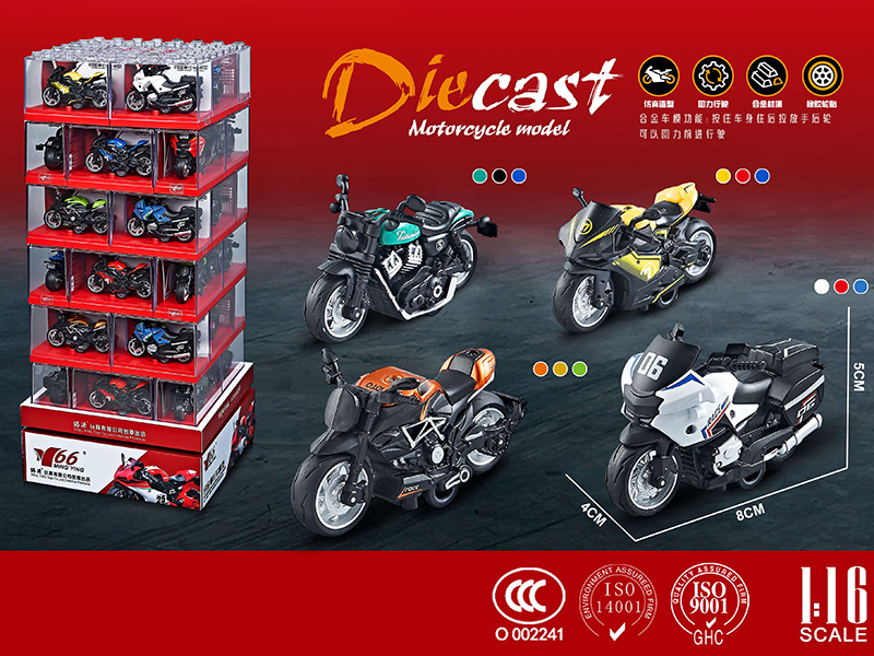 1:16 Alloy Pull Back Racing Car/Harley/Ducati/BMW Motorcycle(With Acrylic Frame)48PCS