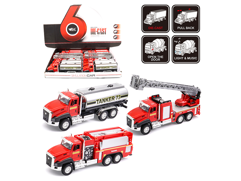 1:50 Alloy Pull Back Fire Engine With Lights And Music(Open Two Doors)12pcs