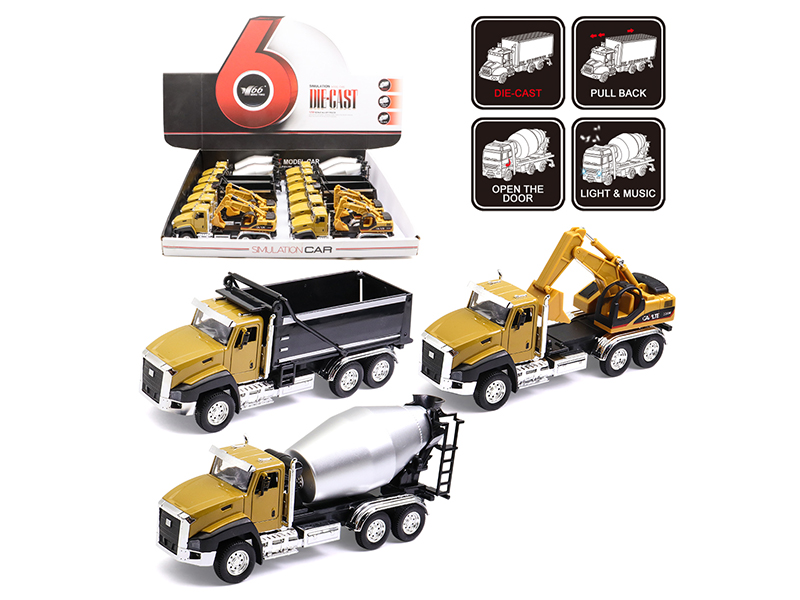 1:50 Alloy Pull Back Engineering Truck With Lights And Music(Open Two Doors)12pcs