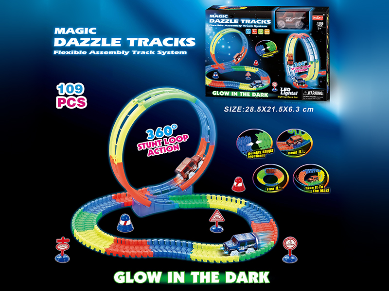 Electric Car(With Lights) Glow In The Dark Rotating Roller Coaster Track Set 109PCS(Not Included Batteries)