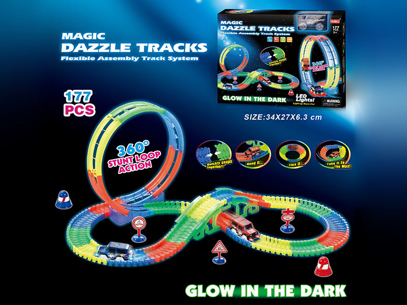 Electric Car(With Lights) Glow In The Dark Rotating Roller Coaster Track Set 177PCS(Not Included Batteries)