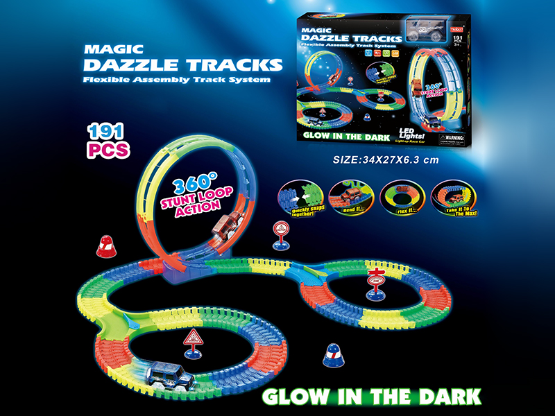 Electric Car(With Lights) Glow In The Dark Rotating Roller Coaster Glow In The Dark Track Set 191PCS(Not Included Batteries)