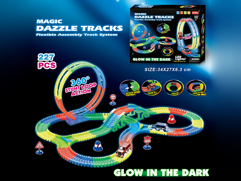 Electric Car(With Lights) Glow In The Dark Rotating Roller Coaster Track Set 227PCS(Not Included Batteries)