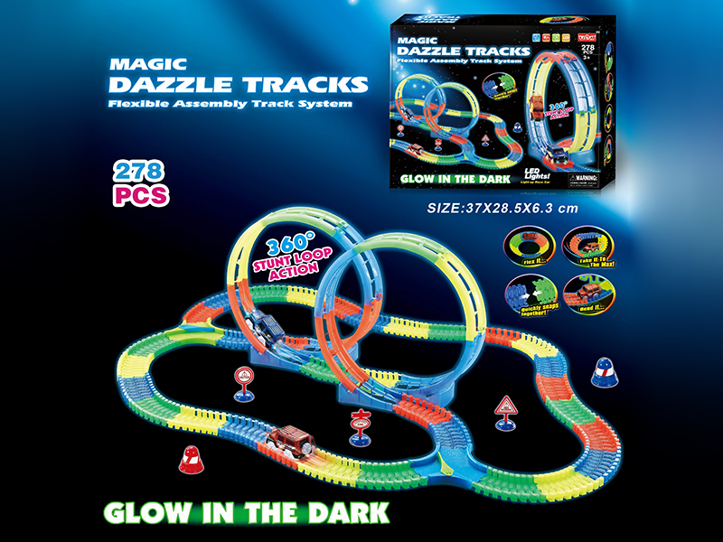 Electric Car(With Lights) Glow In The Dark Rotating Roller Coaster Track Set 278PCS(Not Included Batteries)