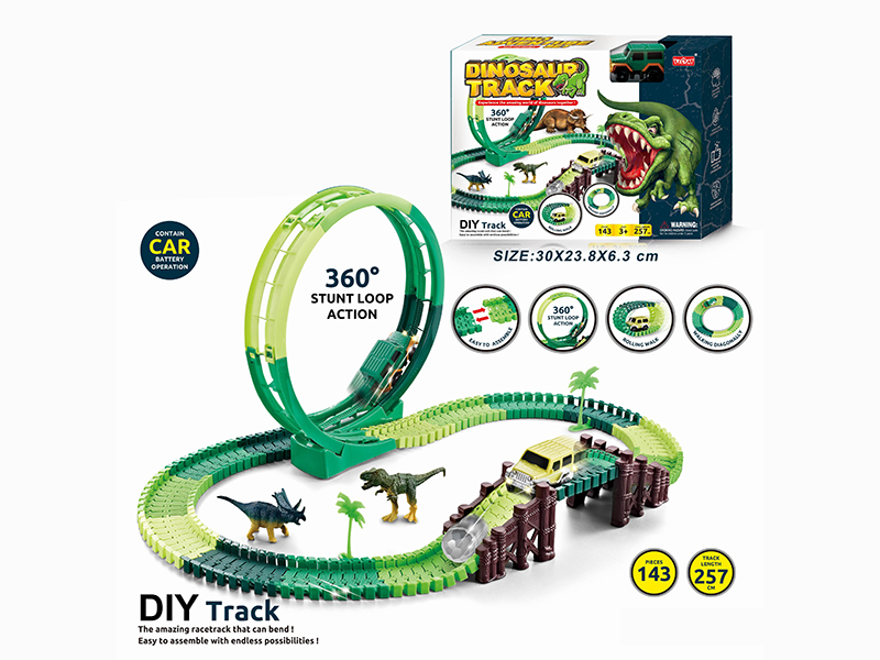 B/O Rotating Roller Coaster Dinosaur Track Car Set With Lights 143pcs(Not Included Batteries)