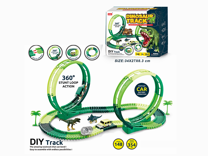B/O Rotating Roller Coaster Dinosaur Track Car Set With Lights 148pcs(Not Included Batteries)