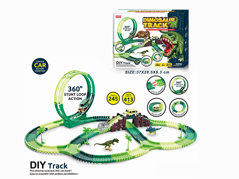 B/O Rotating Roller Coaster Dinosaur Track Car Set With Lights 245pcs(Not Included Batteries)