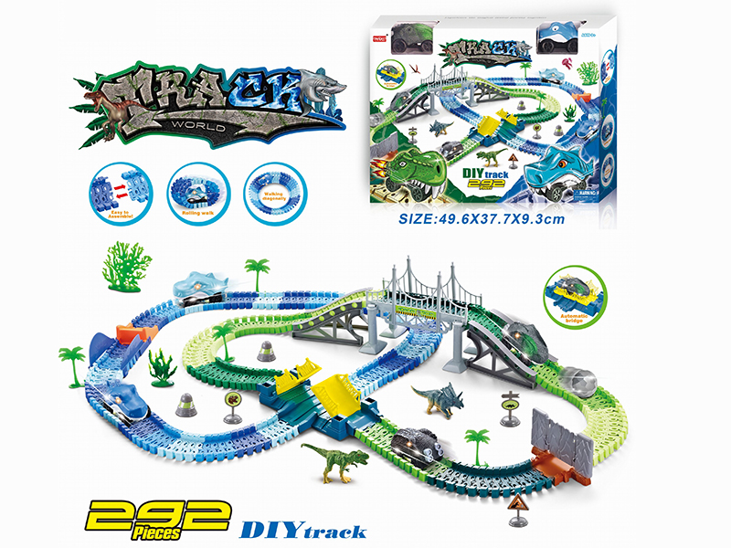 Electric Light Monster Car Shark & Dinosaur Rail Car Set 292PCS(Not Included Batteries)