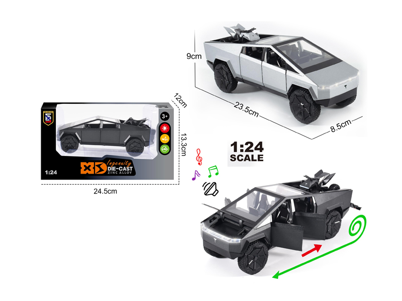 1:24 Alloy Tesla Pickup Truck With Beach Bike With Light And Sound