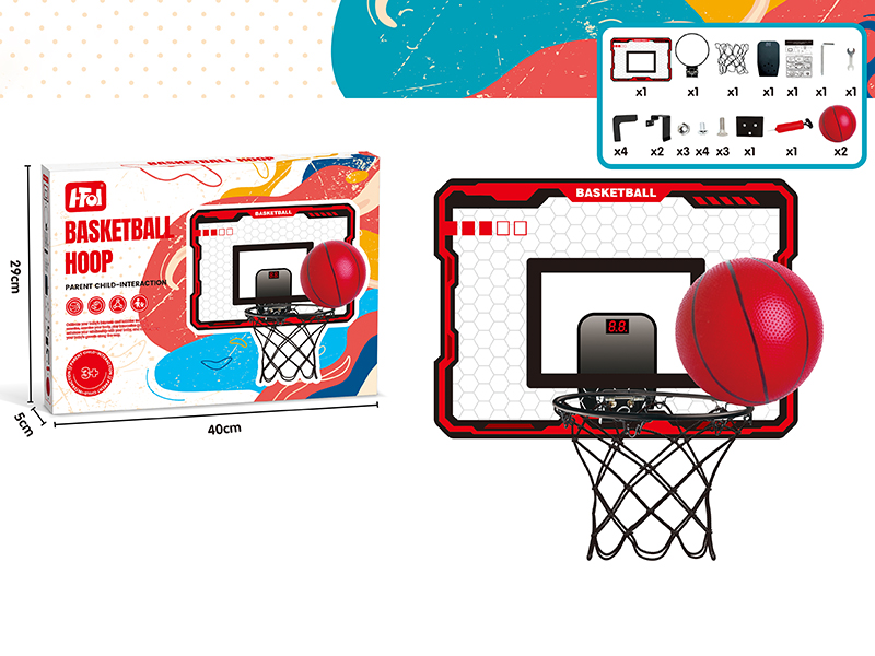 Red Scoring Basketball Board(Can Dunk,Folding Iron Hoop + 2 Basketballs + Scorer)