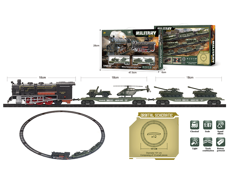1:87 Model Scene Military Equipment Carrier Train Track Set(B/O, Lights, Music)17PCS
