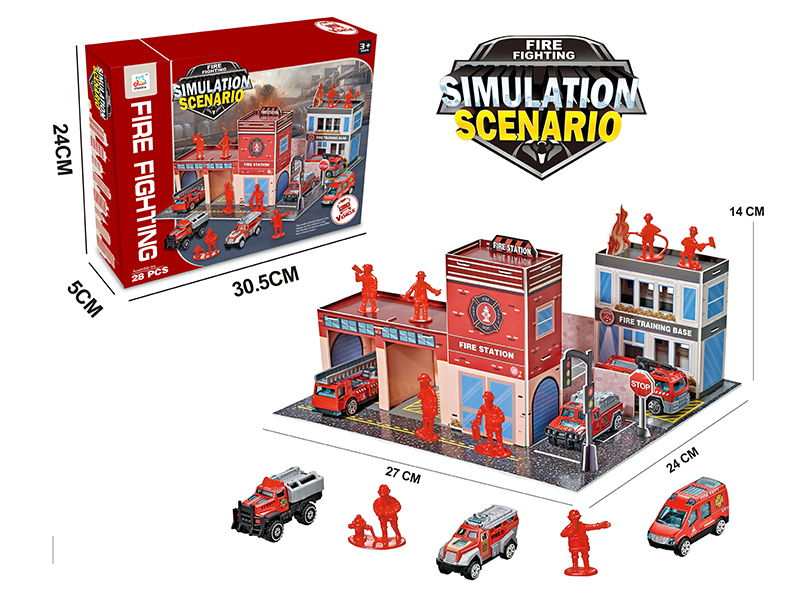 DIY Fire Fighting Simulation Scene + 2pcs 1:16 Alloy Cars(28PCS)